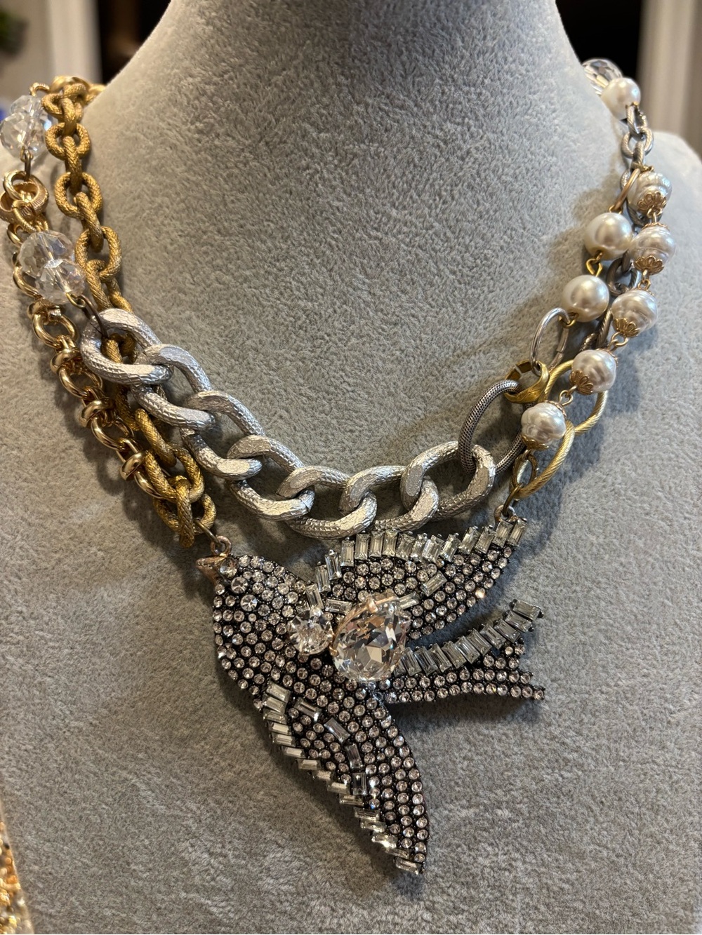 Handmade Mixed Metal Statement Necklace with vintage Crystal Bird Pendant!